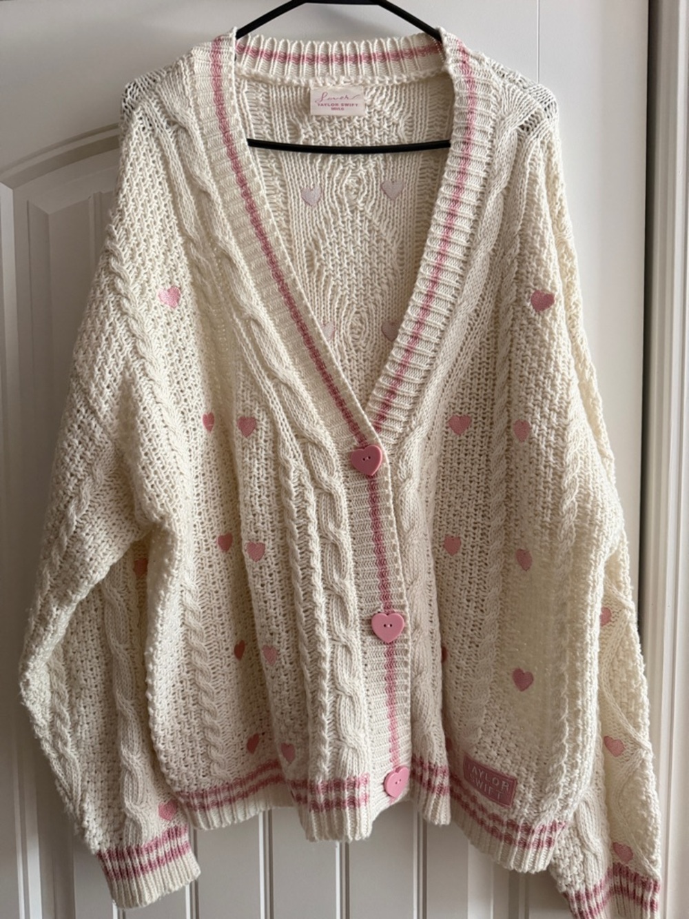 Taylor Swift Lover Cream and Pink Heart Knit Cardigan Sweater